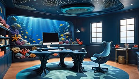 Under The Sea Inspired Workspace With Walls Painted In Deep Ocean Blues