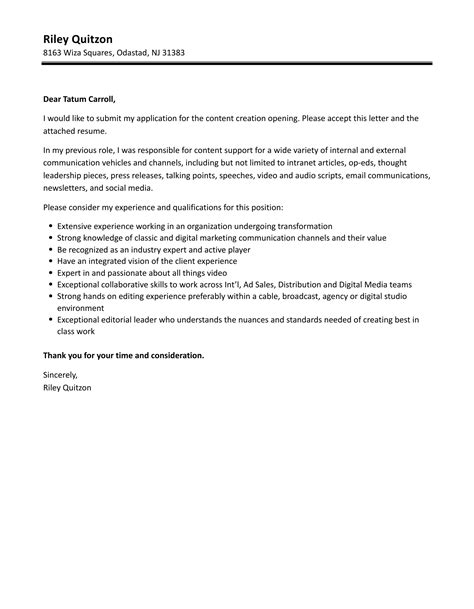 Content Creation Cover Letter Velvet Jobs