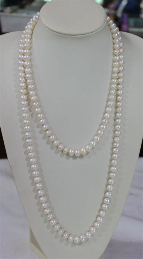 Long Pearl Necklace 60 Inches 7 8mm Freshwater Pearl Etsy Long Pearl Necklaces White