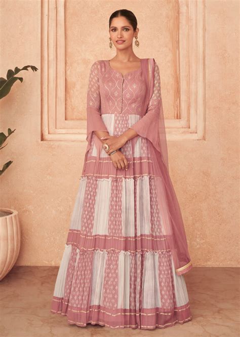 Pink White Heavy Designer Work Wedding Special Anarkali Gown Indian