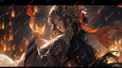 Premium Photo | Anime girl in oriental dress with fire and flames in ...