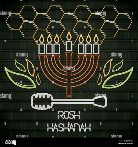 Rosh Hashanah Neon Poster With A Menorah And Honey Dipper Vector Stock Vector Image And Art Alamy