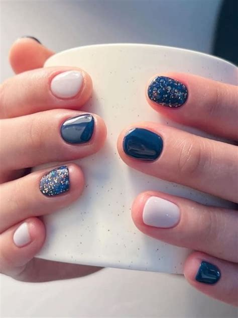 September Nail Designs Dark Blue And White With Glitter In