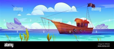 Pirate ship in sea, wooden boat with black flag with skull. Ocean beach landscape with corsair ...