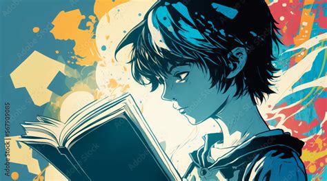 Illustration of happy boy reading a book. Japanese anime or manga style ...