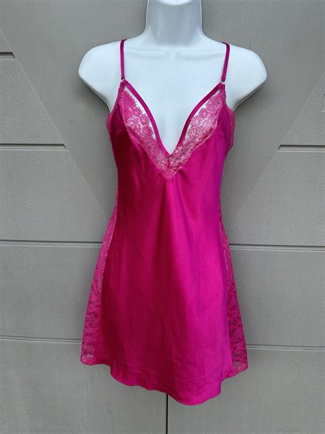 Victorias Secret Hot Pink Satin Lace Panels Slip Gown Gem