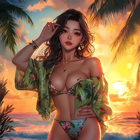 Woman In Bikini Posing On Tropical Beach At Sunset Premium AI Generated Image