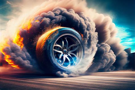 Drifting and Fire Smoking Sport Car Tire with Red Breaks Stock ...