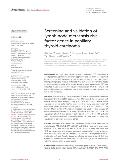 Pdf Screening And Validation Of Lymph Node Metastasis Risk Factor Genes In Papillary Thyroid