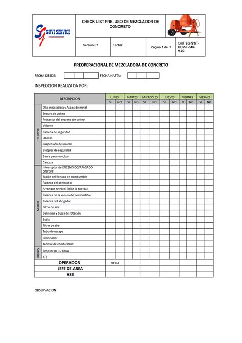 Check List De Mezcladora De Concreto Check List Pre Uso De Mezclador