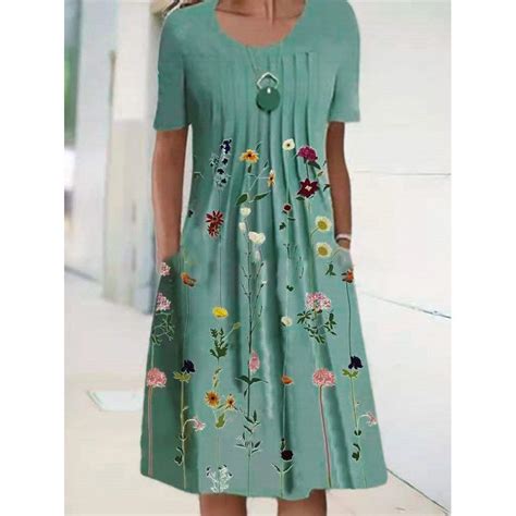 Casual Crew Neck Floral Print Short Sleeve Midi Dress In 2022 Womens