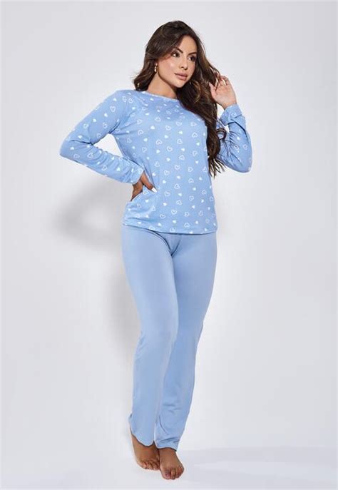 Comprar Pijama Manga Longa Estampa De Cora O E Cal A Lisa Azul