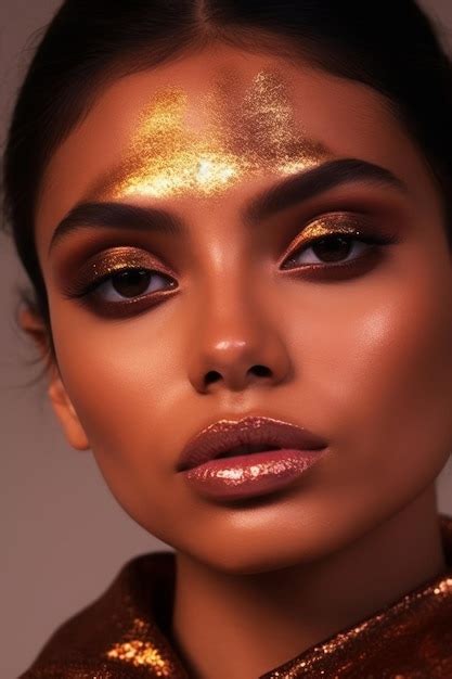 Premium Ai Image A Model With Gold Makeup And A Gold Glitter On Her Face