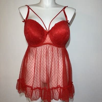 Red Lace Mesh Babydoll Lingerie 1X 8 Underwire Bustier Style Sexy Dot
