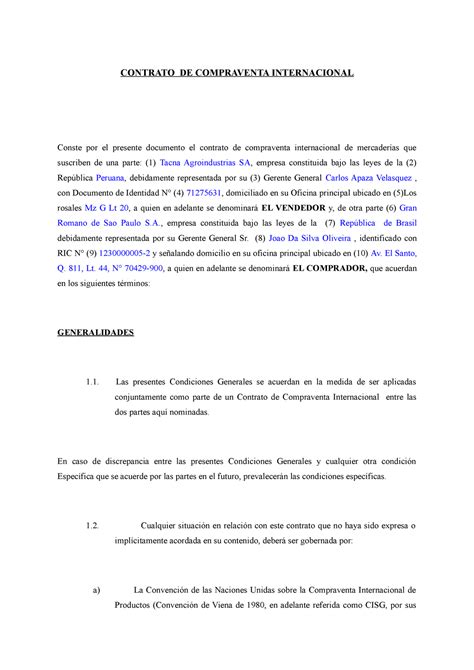 Final Contrato De Compra Venta Contrato De Compraventa Internacional Conste Por El Presente