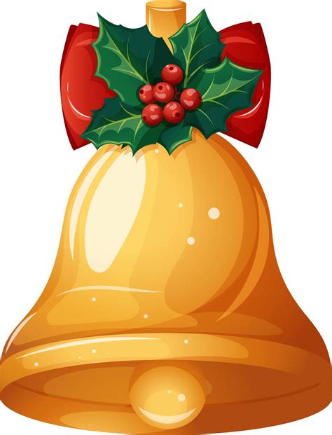 Golden Bell With Red Bow And Mistletoe Christmas Bell In Cartoon Style