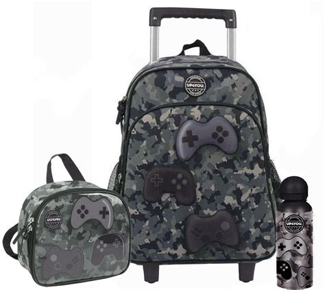 Kit Mochila Infantil Rodinhas Video Game Camuflada Tam G Menino 3D Alto