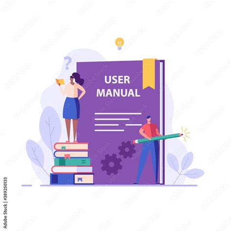 People read user manual book. Users reading and writing guide ...