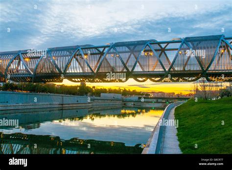 Perrault Bridge And River Manzanares At Dusk Madrid Rio Park Madrid