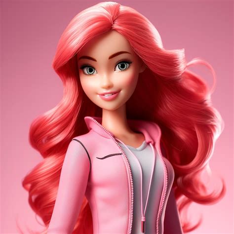 Premium AI Image | 3d Barbie with red hair long straight pink hair wearing ultra realistic pink ...