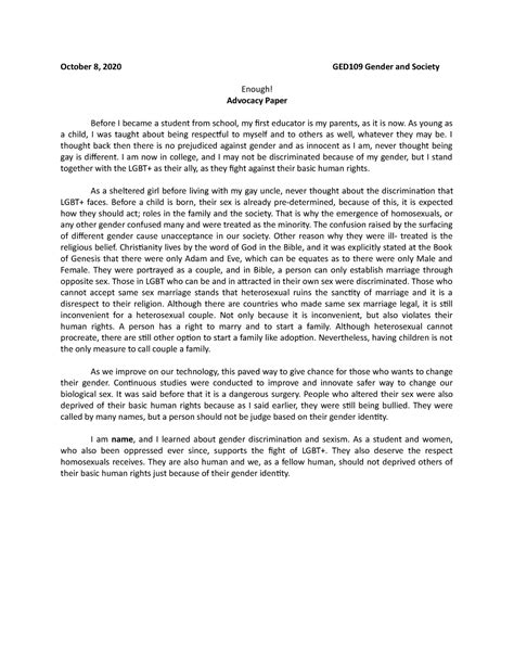 Advocacy Paper Gender And Society October 8 2020 Ged109 Gender And