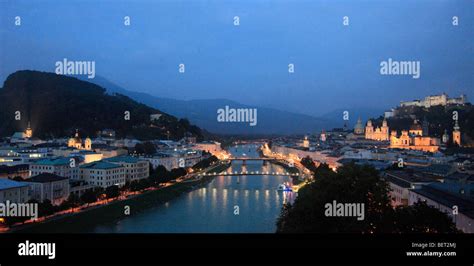 Austria, Salzburg, Old Town skyline, castle, night panorama Stock Photo ...