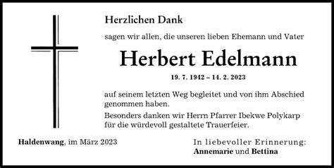 Traueranzeigen Von Herbert Edelmann Augsburger Allgemeine Zeitung