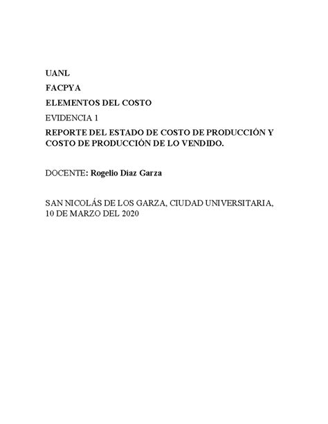 EV 1 Elementos DEL Costo UANL FACPYA ELEMENTOS DEL COSTO EVIDENCIA 1