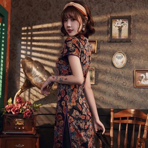 Short Sleeve Tea Length Traditional Cheongsam Floral Bodycon Chinese