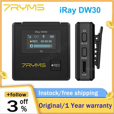 7RYMS iRAY DW30 Microfone de lapela sem fio 8G gravação embutida 2 4G