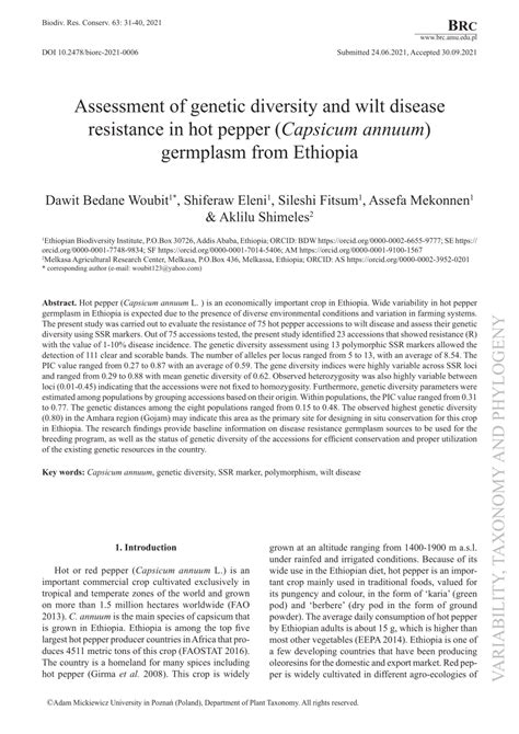 Pdf Assessment Of Genetic Diversity And Wilt Disease Resistance In