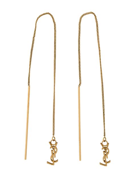 Saint Laurent Cassandre Long Threader Earrings Gold Tone Metal Drop