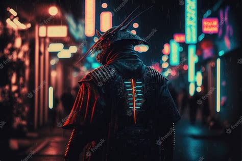 Premium Photo Samurai In A Horned Helmet In The Style Of Cyberpunk