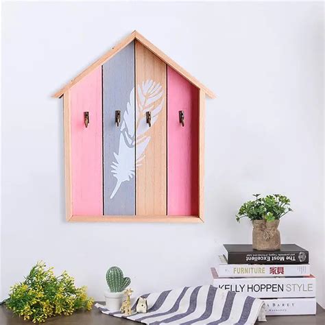 Розовый Настенный декор Key Holder модная настенный деревянный дом ...