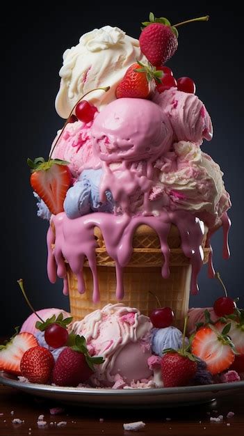 Premium AI Image | a ice cream cone with a strawberry and strawberry ...