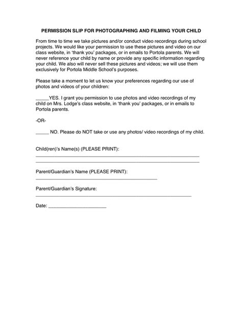 Permission Slip For Photographing And Filming Template In Word And Pdf