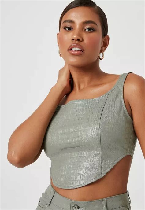 Green Mock Croc Faux Leather Corset Crop Top Missguided Leather