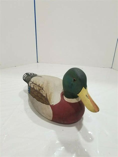 Vintage Hand Painted Carved Wood Mallard Duck Glass Eyes Decoy L X