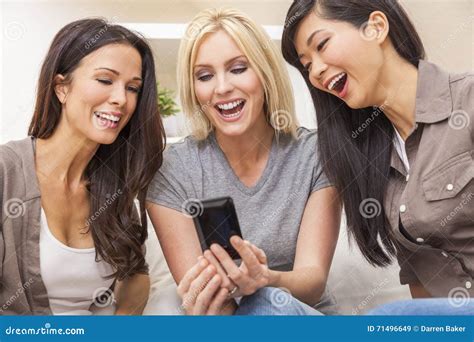 Interracial Group Three Women Friends Laughing Smart Phone Stock Image Image Of Asian Dental