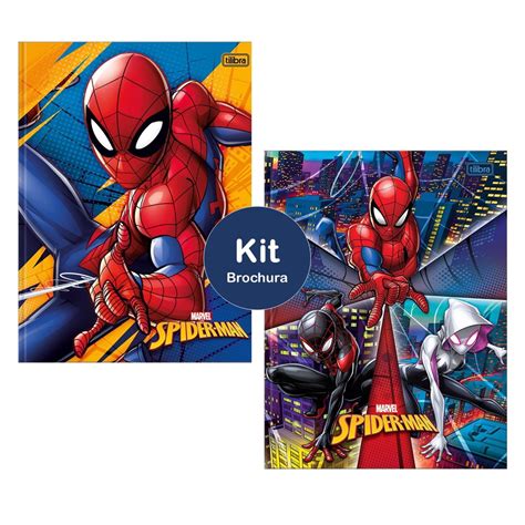 Kit 2un Caderno Brochura Grande 80fls Capa Dura Spider Man Marvel Homem