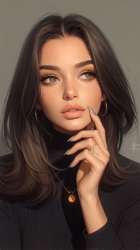 A Digital Painting Of A Woman With Long Hair And Gold Rings On Her