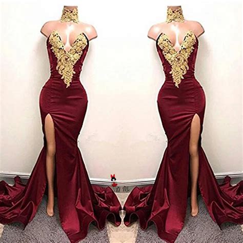 Real Photo Sexy Women V Neck Burgundy Mermaid Slit Prom Dresses Long