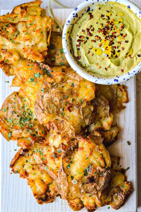 Smashed Potatoes With Avocado Garlic Dip Lucy And Lentils Recipe Crispy Smashed Potatoes