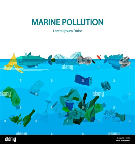 Marine pollution vector illustration with water and garbage. Pollution water, trash plastic in ...