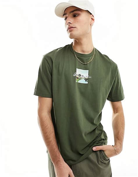 Asos Design Relaxed T Shirt In Khaki With Chest Scenic Print Asos