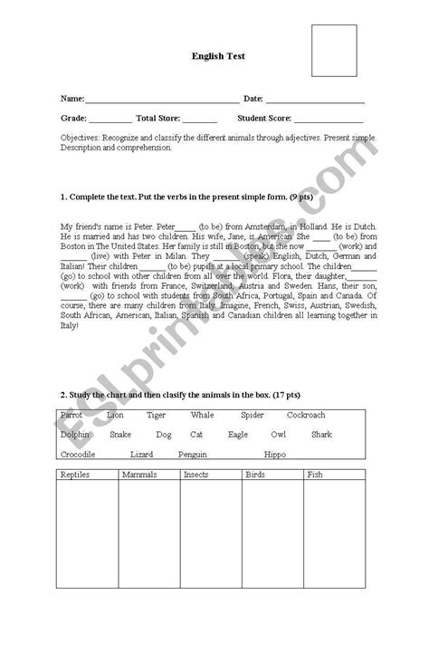 Test 6 Grade Esl Worksheet By Pechocha