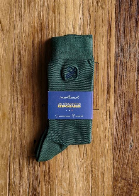 Chaussettes brodées homme MONTLISOCKS kaki made in France en coton bio