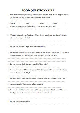 50 SAMPLE Food Questionnaire Templates In PDF MS Word