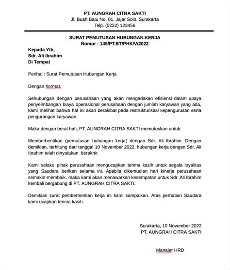 Contoh Surat Pernyataan Putus Hubungan Kerja Contoh Surat The Best