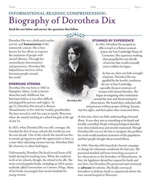 Informational Reading Comprehension Biography Of Dorothea Dix